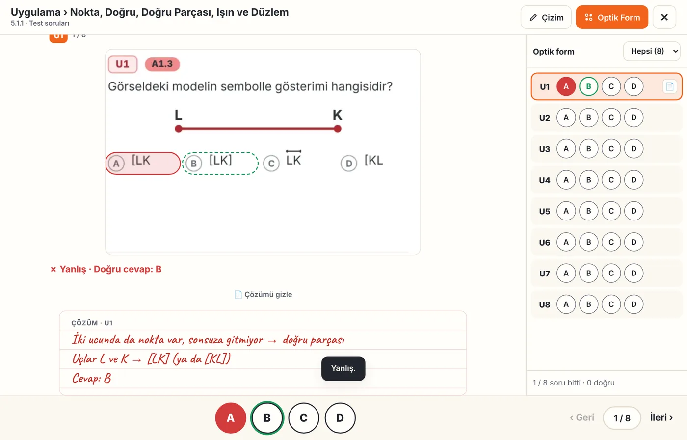 Kazanım testinde el yazısı çözüm